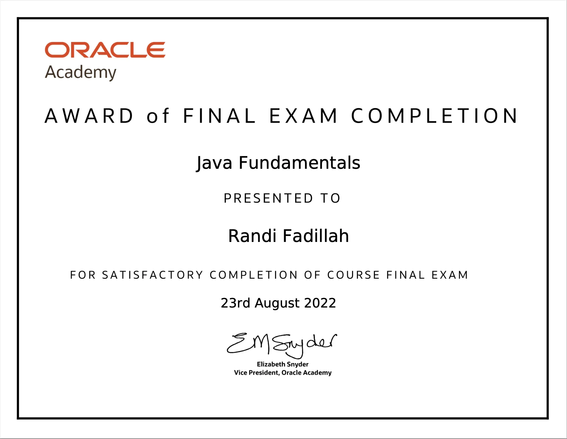 Award of Final Exam Completion - Java Fundamentals